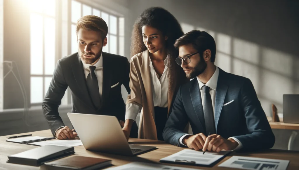 Tre professionisti collaborano intorno a un computer in un ambiente di lavoro moderno, prendendo decisioni su progetti di scrittura accademica.