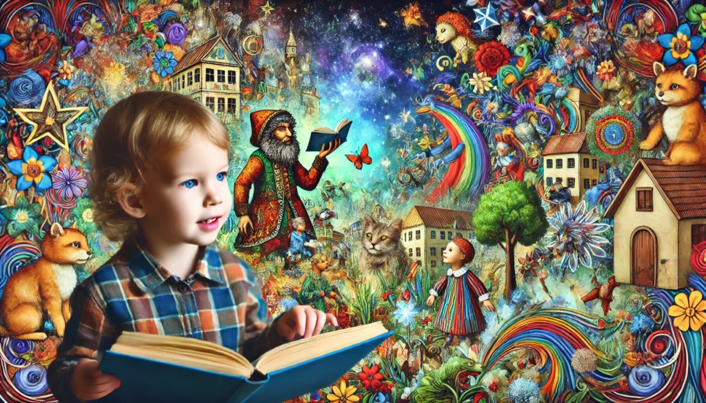 Bambino che legge un libro illustrato con espressione meravigliata, circondato da creature magiche e scene fantastiche - immagine per storia per bambini