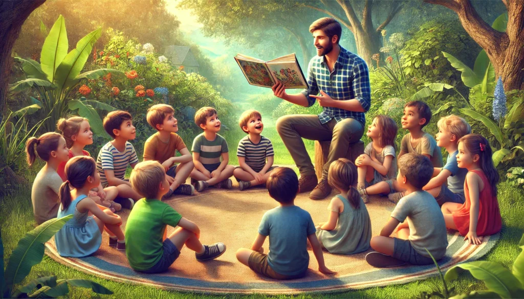 Gruppo di bambini seduti in cerchio ascolta un narratore che legge un libro illustrato in un parco, immagine di storytelling per bambini all'aperto