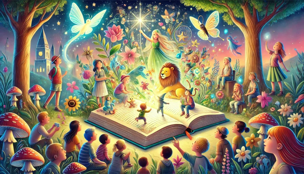 Copertina illustrativa di bambini intorno a un libro magico con creature animate e scenario fantasioso - ideale per storie per bambini con elementi di natura e fantasia