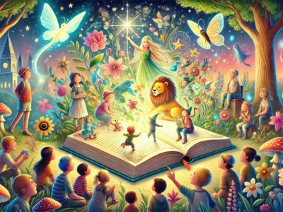 Copertina illustrativa di bambini intorno a un libro magico con creature animate e scenario fantasioso - ideale per storie per bambini con elementi di natura e fantasia