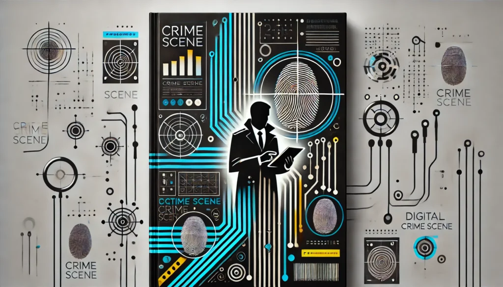 Copertina di libro per romanzo giallo con elementi investigativi moderni come impronte digitali digitali, linee della scena del crimine astratte e silhouette di detective. Stile minimalista e colori elettrici per un look contemporaneo