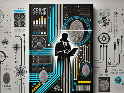 Copertina di libro per romanzo giallo con elementi investigativi moderni come impronte digitali digitali, linee della scena del crimine astratte e silhouette di detective. Stile minimalista e colori elettrici per un look contemporaneo